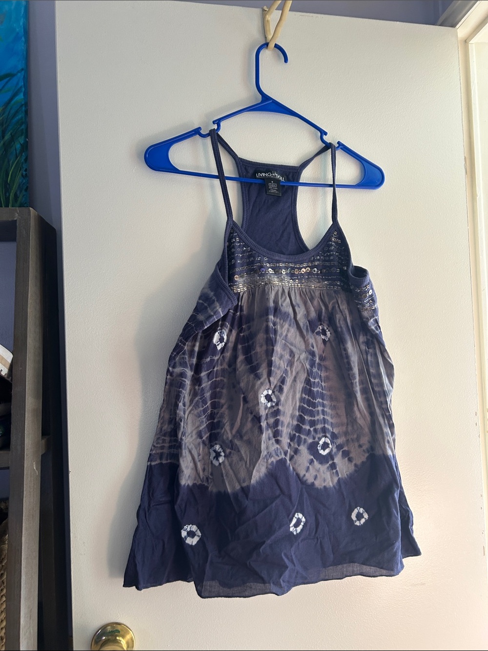 living doll Navy Tie-Dye Sequin-Trim tank top